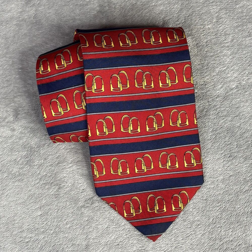 Paolo Gucci Tie Mens Red Silk‎ Striped Equestrian Stirrup Made In Italy Classic